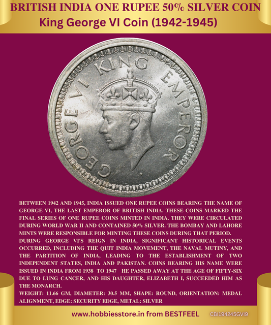 King George VI One Rupee 50% Silver Coin (1942-1945) (Demonetized & Collectible Category) (Non-returnable)