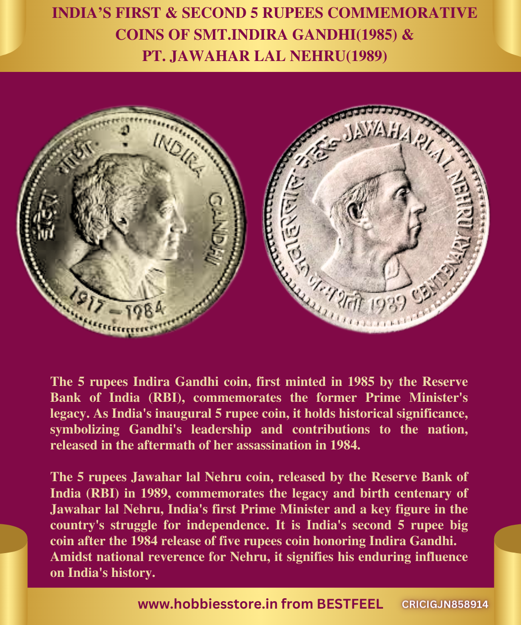 5 Rs. Commemorative Coins of Pt.Jawahar Lal Nehru & Smt.Indira Gandhi (1989/1985) (Demonetized & Collectible Category) (Non-returnable)
