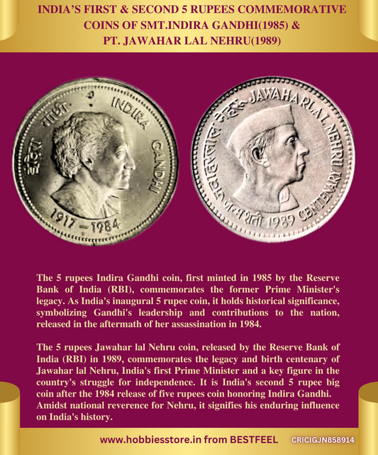 5 Rs. Commemorative Coins of Pt.Jawahar Lal Nehru & Smt.Indira Gandhi (1989/1985) (Demonetized & Collectible Category) (Non-returnable)