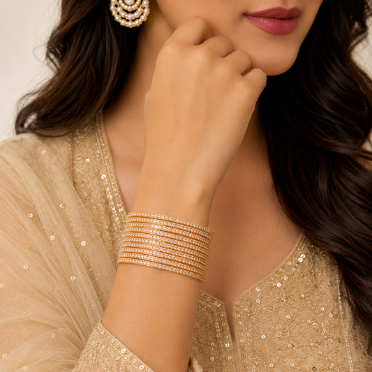Elegant Gold-Tone & Mehndi tone Crystal Studded Bangles Set for Women | Slim Designer Stackable Bangles | Wedding, Festive & Traditional Fashion Jewellery