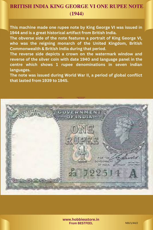 British India George VI One Rupee  Note (1944) (Very Rare) (Non-returnable)
