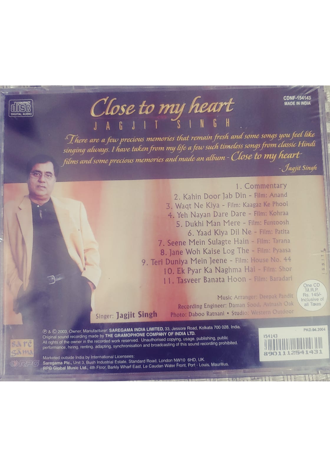 Jagjit Singh Audio CD - Album " CLOSE TO MY HEART" (2003)