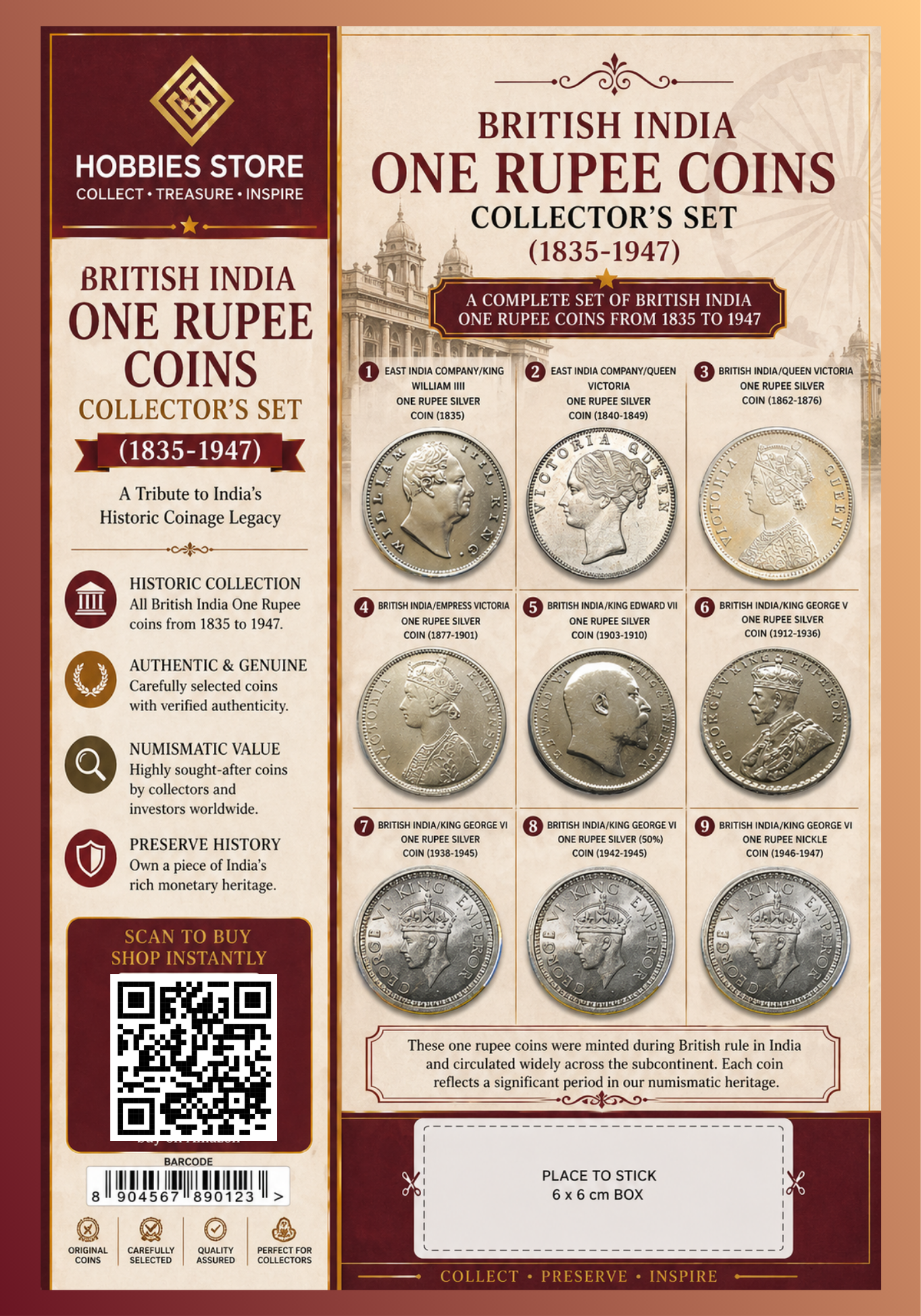 ALL ONE RUPEE COINS OF BRITISH INDIA COLLECTOR'S SET (9 silver coins)