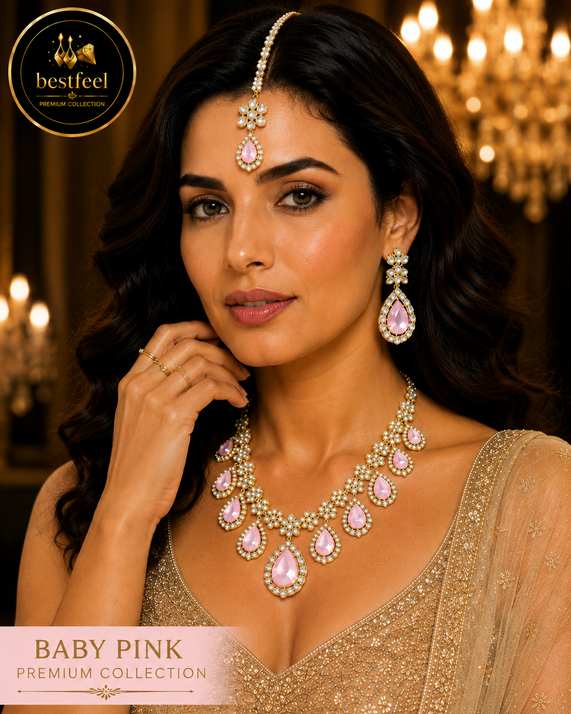 Bestfeel Premium Kundan & American Diamond Necklace Set for Women | Ruby Red Teardrop Stone Bridal Jewellery Set with Matching Earrings & Maang Tikka | Wedding, Festive & Party Wear