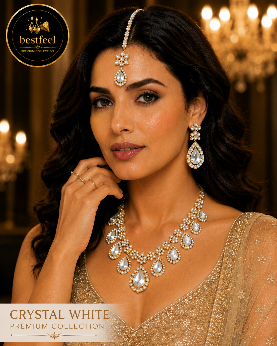 Bestfeel Premium Kundan & American Diamond Necklace Set for Women | Ruby Red Teardrop Stone Bridal Jewellery Set with Matching Earrings & Maang Tikka | Wedding, Festive & Party Wear