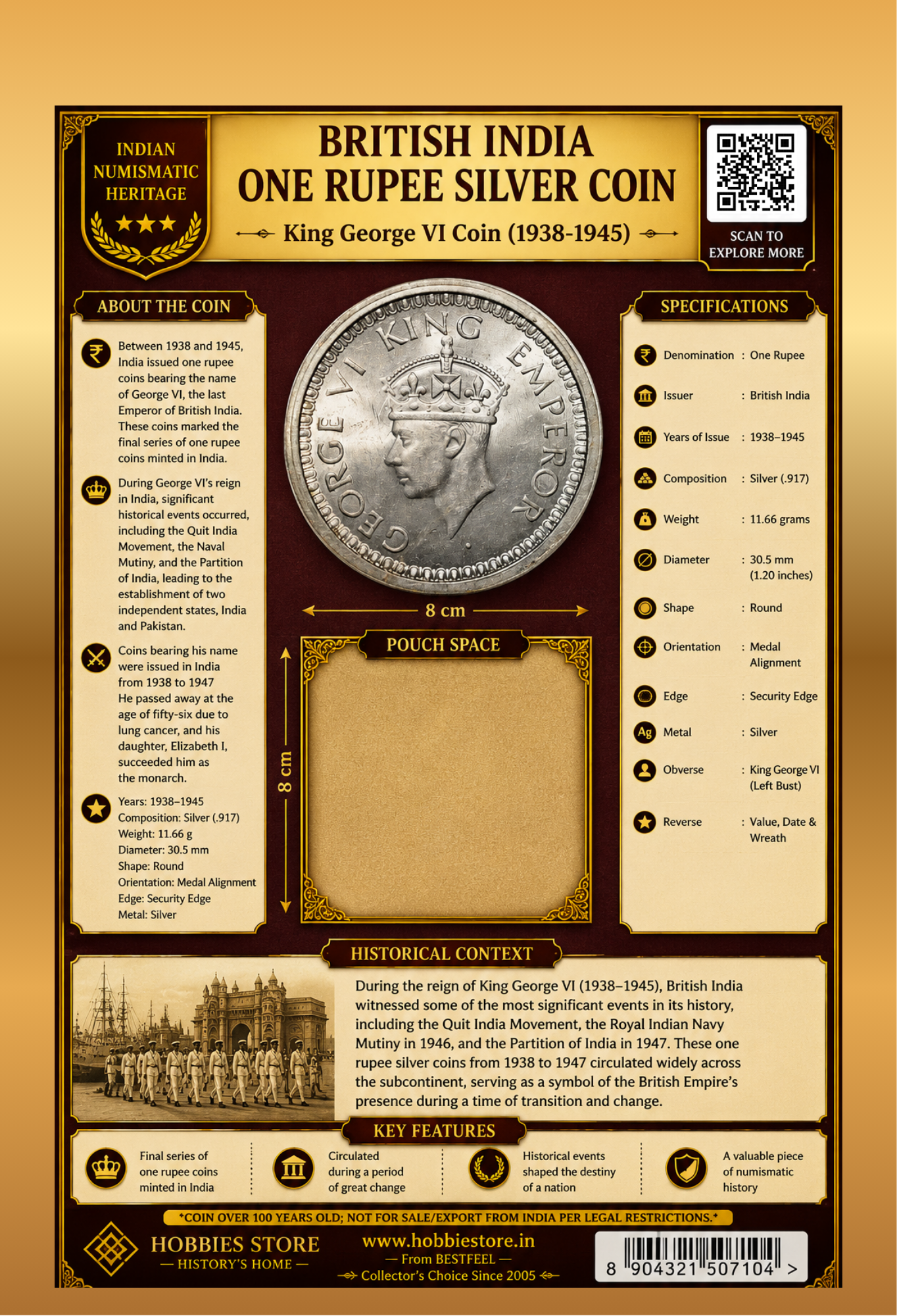King George VI One Rupee Silver Coin (1938-1945) (Demonetized & Collectible Category)