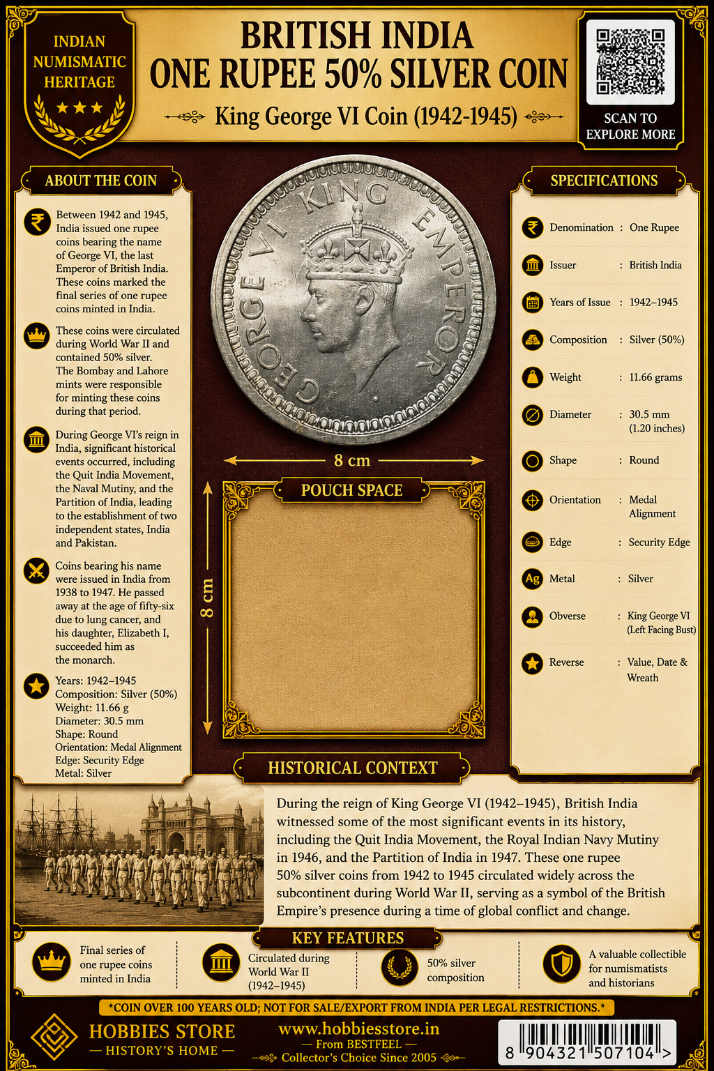 King George VI One Rupee 50% Silver Coin (1942-1945) (Demonetized & Collectible Category)
