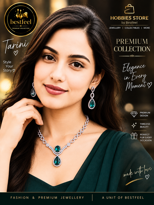 Elegant American Diamond Necklace Set for Women | Silver-Tone Crystal Jewellery Set with Teardrop Stone Pendant & Matching Earrings | Wedding, Party & Festive Wear