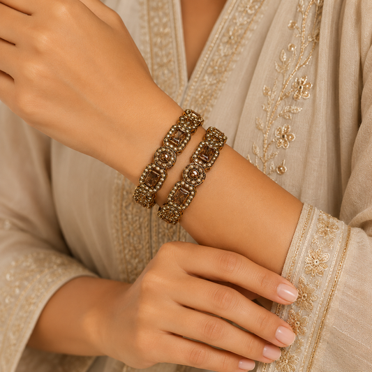 Bestfeel Mehndi Gold Toned Stone Studded Bangles for Women | Traditional Crystal Bracelet Kada Set | Ethnic Fashion Jewellery