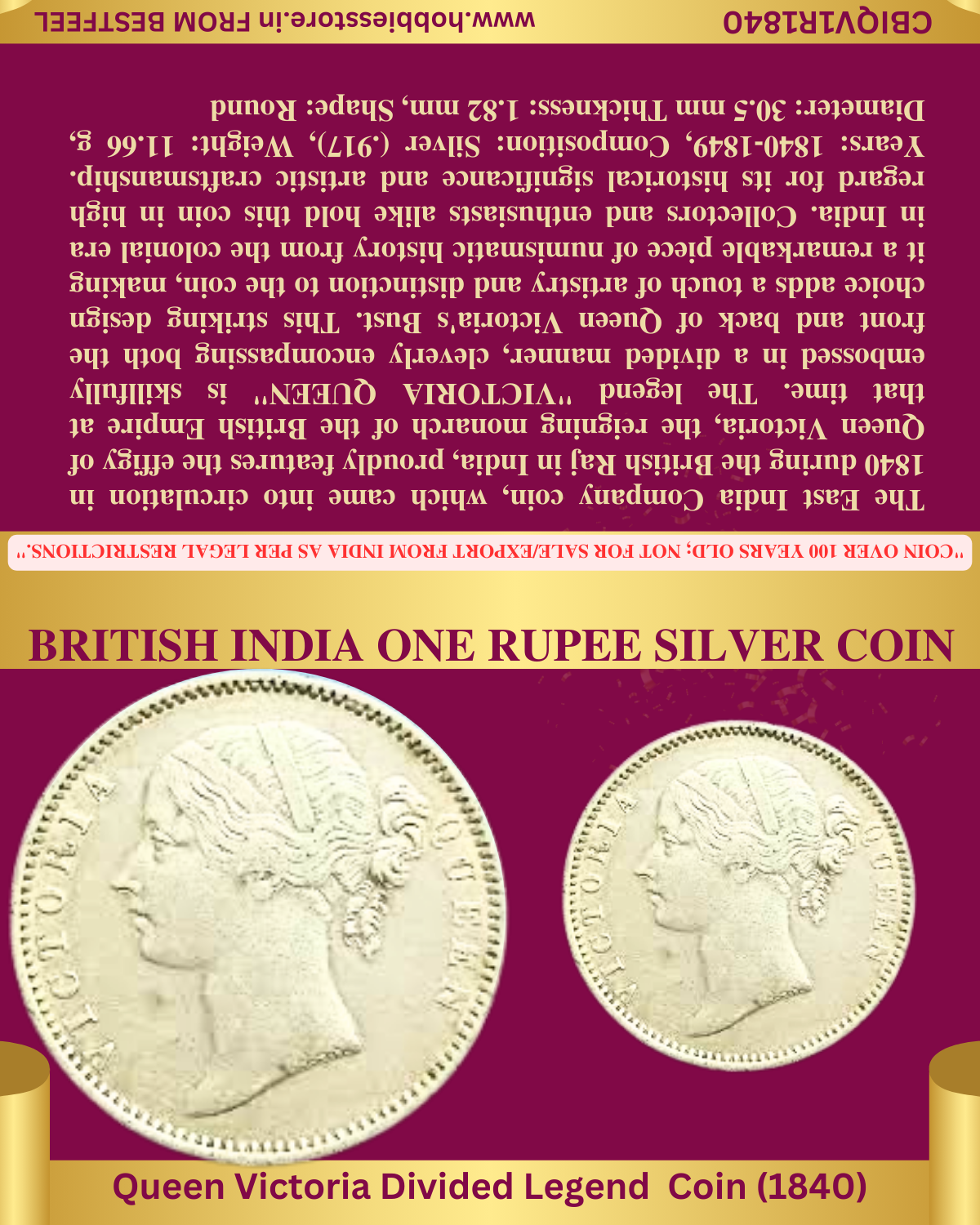 1840 QUEEN VICTORIA 1 RUPEE SILVER COIN COLLECTOR SET (Non-returnable)