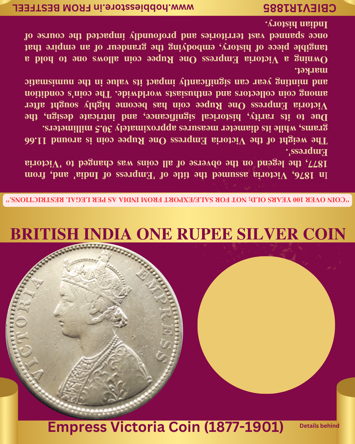 1885 EMPRESS VICTORIA COLLECTOR'S SET 1 RUPEE SILVER COIN (Non-returnable)