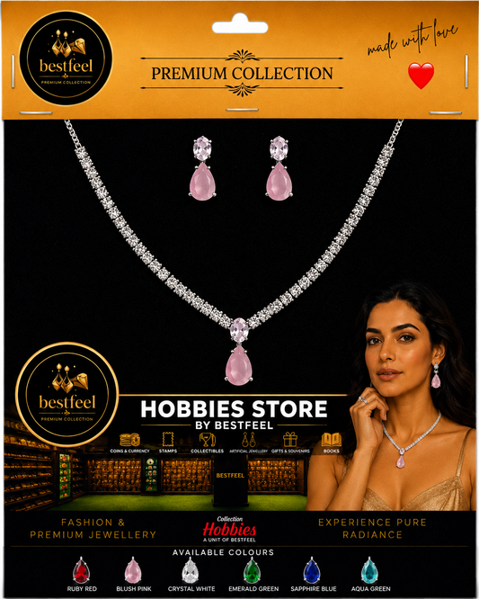 Elegant Silver-Tone American Diamond Necklace Set for Women | Blush Pink Teardrop Crystal Pendant & Matching Earrings | Wedding & Party Jewellery