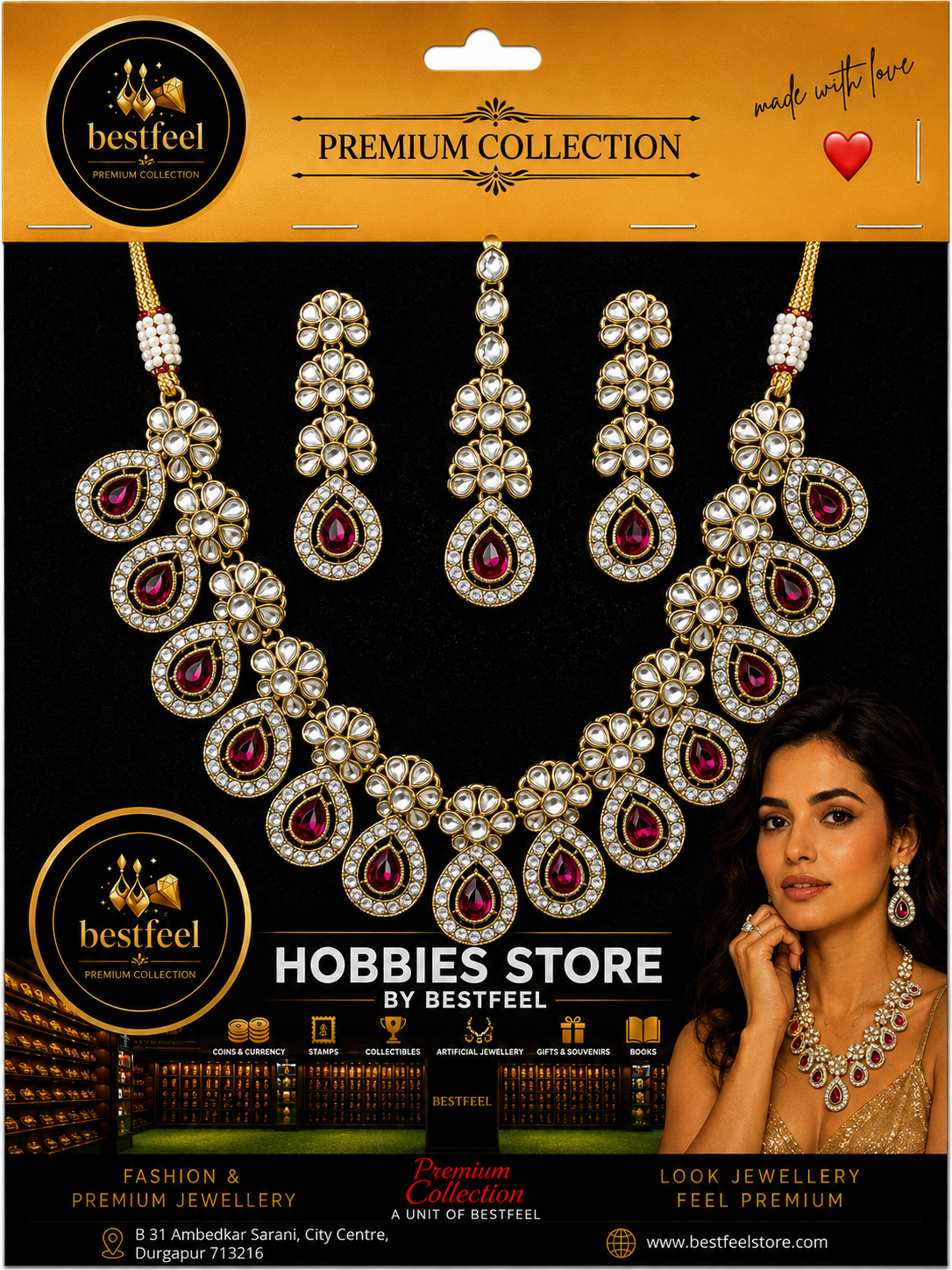 Bestfeel Premium Kundan & American Diamond Necklace Set for Women | Ruby Red Teardrop Stone Bridal Jewellery Set with Matching Earrings & Maang Tikka | Wedding, Festive & Party Wear
