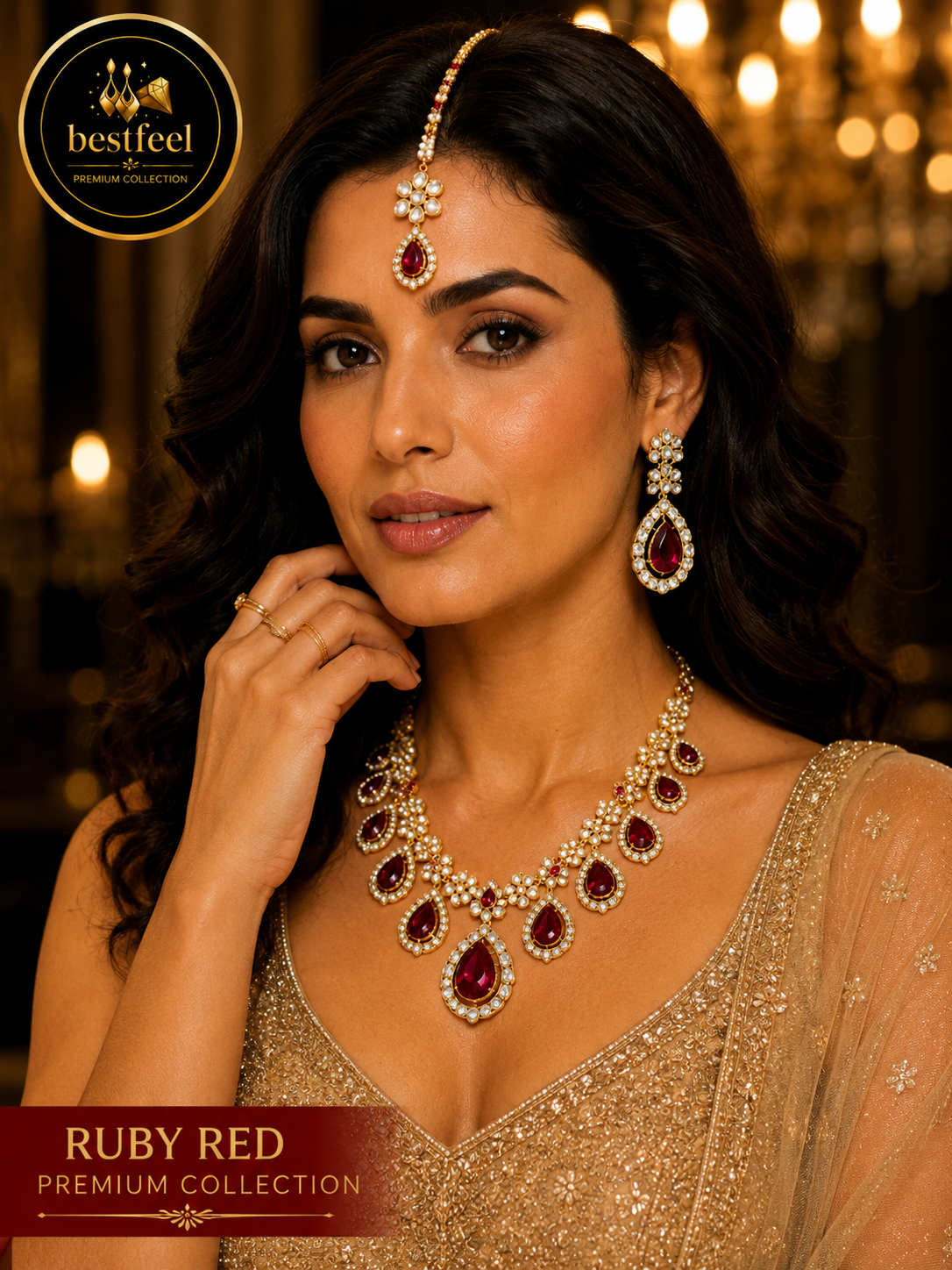 Bestfeel Premium Kundan & American Diamond Necklace Set for Women | Ruby Red Teardrop Stone Bridal Jewellery Set with Matching Earrings & Maang Tikka | Wedding, Festive & Party Wear