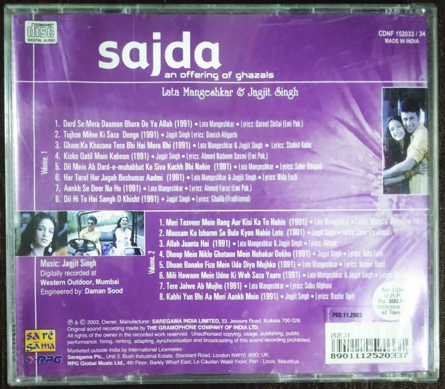 Jagjit Singh, Lata Mangeshkar Audio CD - Album "SAJDA"(1991) (Two CDs Set)