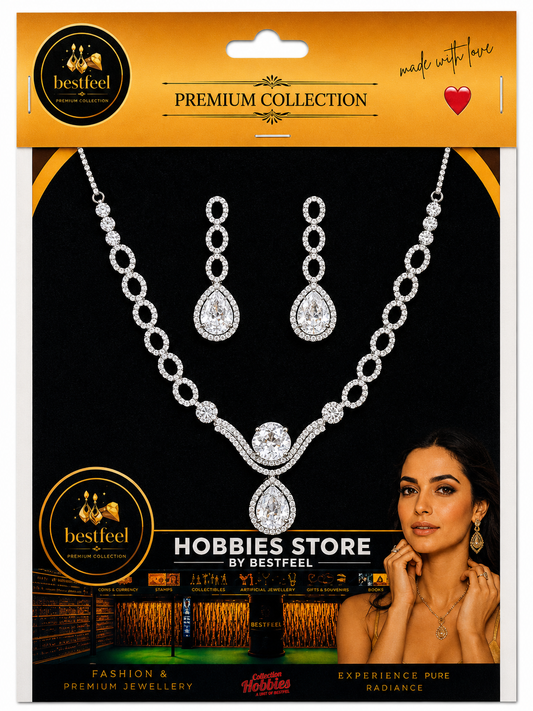 Elegant American Diamond Necklace Set for Women | Silver-Tone Crystal Jewellery Set with Teardrop Stone Pendant & Matching Earrings | Wedding, Party & Festive Wear